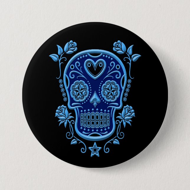 Blue Sugar Skull with Roses on Black Button (Front)