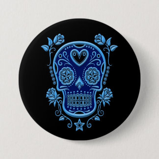 Blue Sugar Skull with Roses on Black Button