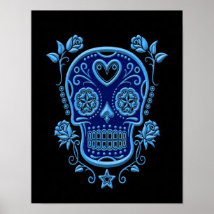 Blue Sugar Skull with Roses on Black Poster
