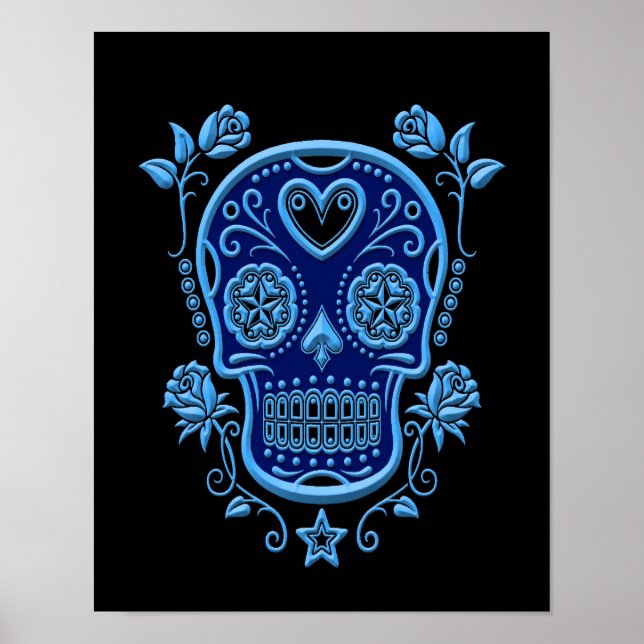 Blue Sugar Skull with Roses on Black Poster (Front)