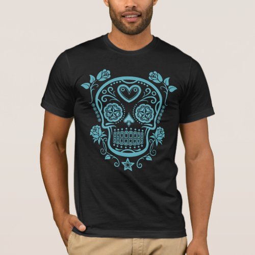 Blue Sugar Skull with Roses T_Shirt