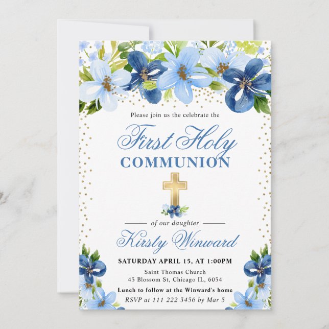 Blue Summer Flowers First Holy Communion Invitation (Front)