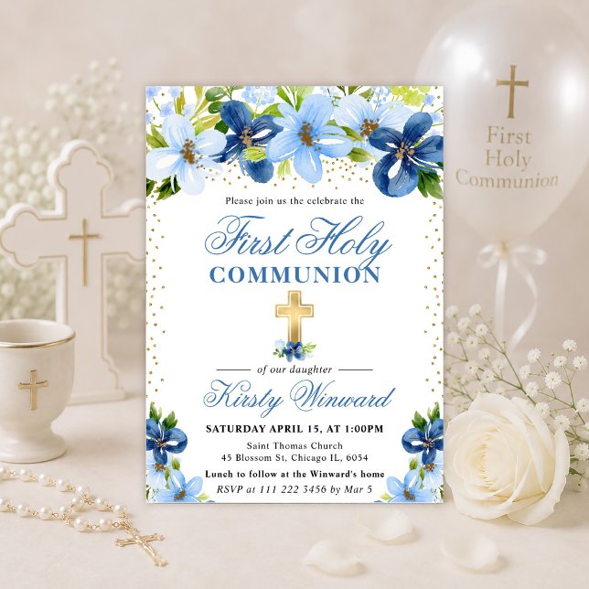Blue Summer Flowers First Holy Communion Invitation (Creator Uploaded)
