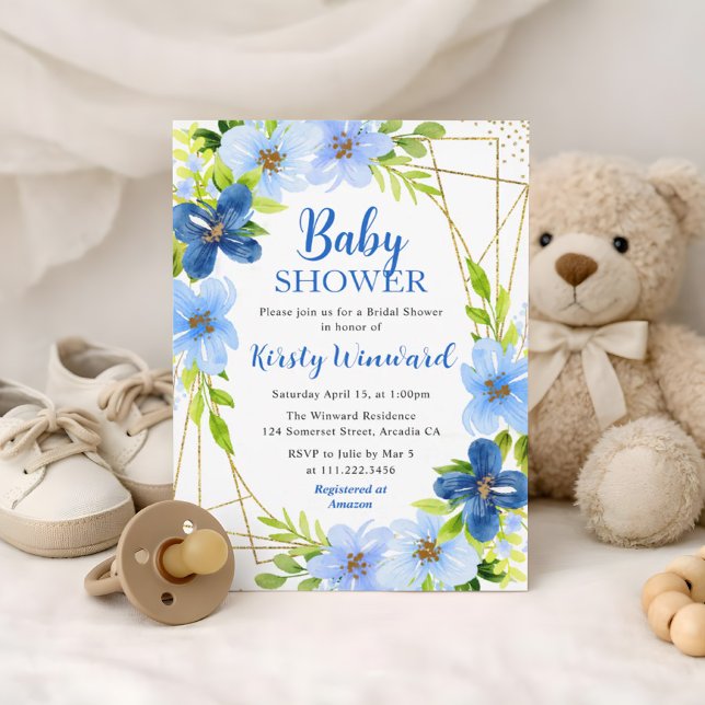 Blue Summer Flowers & Gold Frame Baby Shower Invitation (Creator Uploaded)