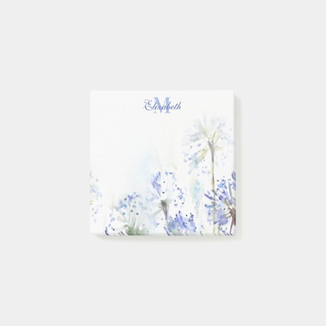 Blue summer flowers watercolor sketch monogrammed post-it notes (Front)