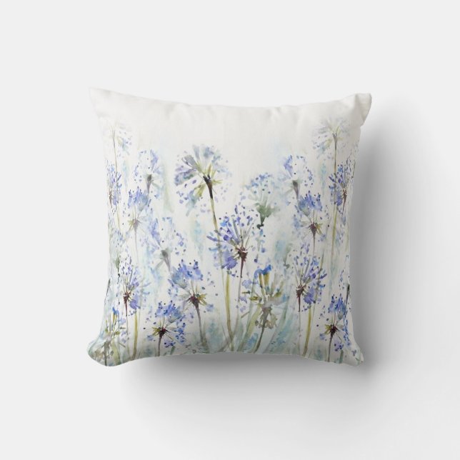 Blue summer flowers watercolor sketch throw pillow (Front)