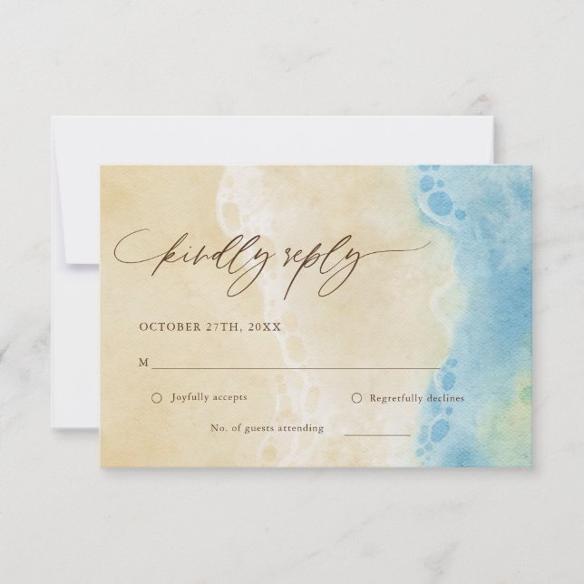 Blue Summer Ocean Beach Wedding RSVP Card (Front)
