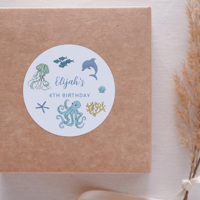 Blue Summer Ocean Birthday Party Favor Classic Round Sticker (Creator Uploaded)