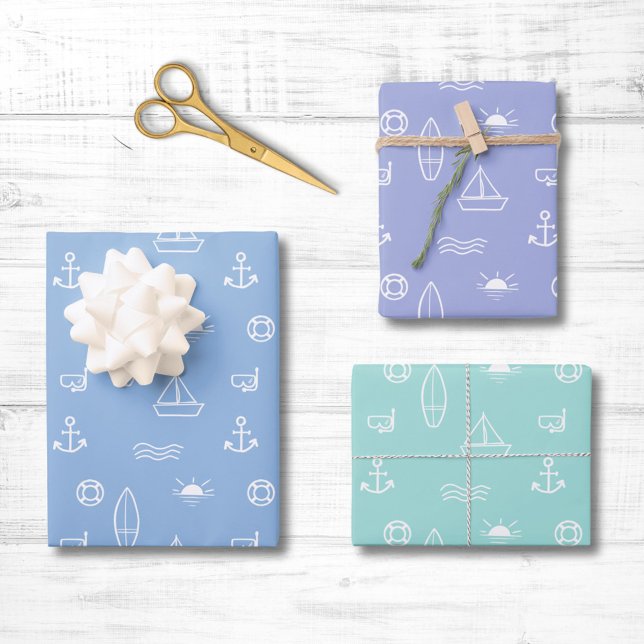Blue Summer Ocean Line Art Seamless Pattern Wrapping Paper Sheets (In situ)