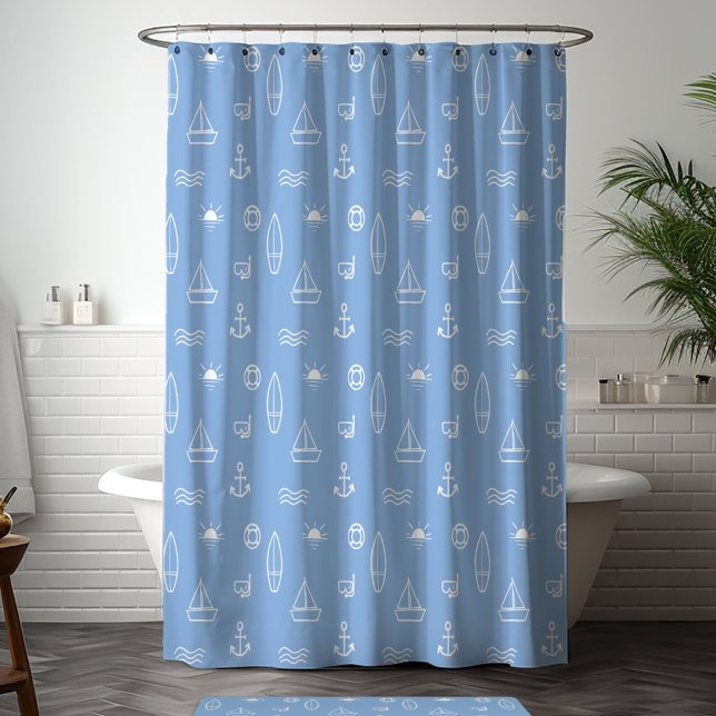 Blue Summer Ocean Nautical Pattern Shower Curtain (In situ bathroom)
