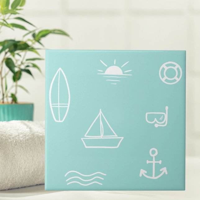 Blue Summer Ocean Seamless Pattern Kids Bathroom Ceramic Tile (Close up)