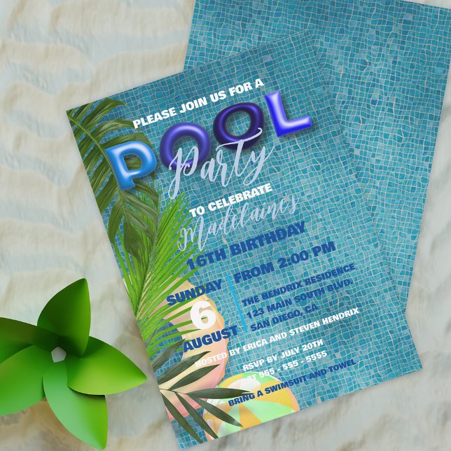 Blue Summer Pool Party 16th Birthday Celebration  Invitation (Creator Uploaded)