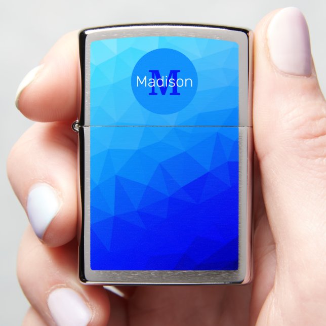Blue summer sea geometric mesh pattern Monogram Zippo Lighter (In Hand)