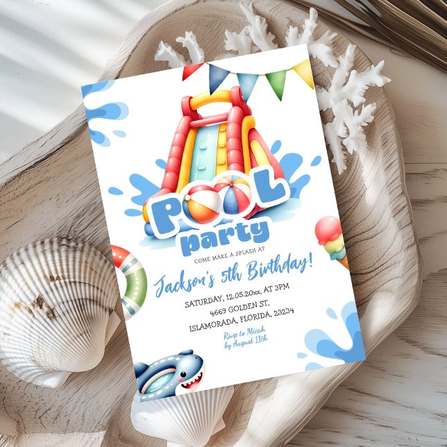 Blue Summer Splash Pool Party Boy Birthday Invitation (Creator Uploaded)