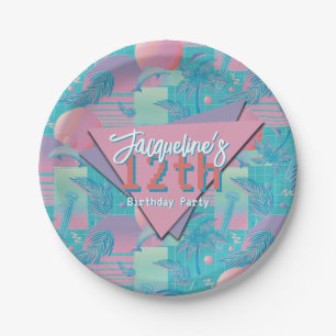 Blue Summer Vaporwave Sunset Birthday Paper Plates