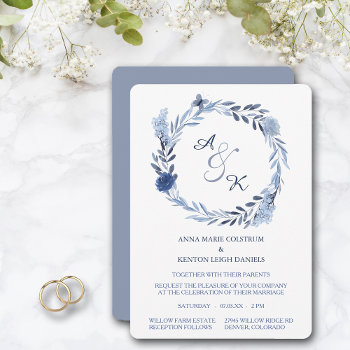 Blue Summer Wreath Monogram Wedding Invitation by AvenueCentral at Zazzle