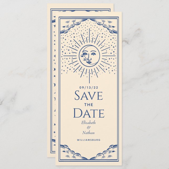 Blue Sun and Moon Tarot Card Save the Date (Front/Back)