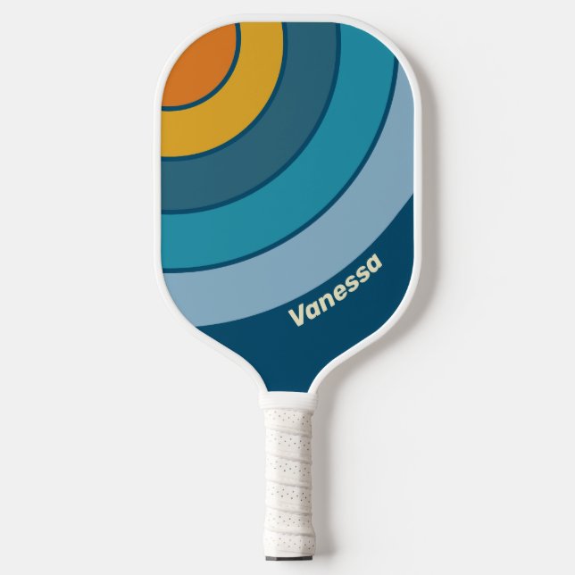 Blue Sun Circle Stripe with Name Pickleball Paddle (Front)