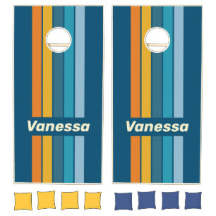 Blue Sun Pin Striped with Name Cornhole Set