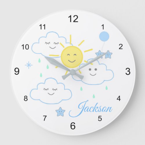 Blue Sun Rain Clouds Stars Baby Boy Nursery  Large Clock