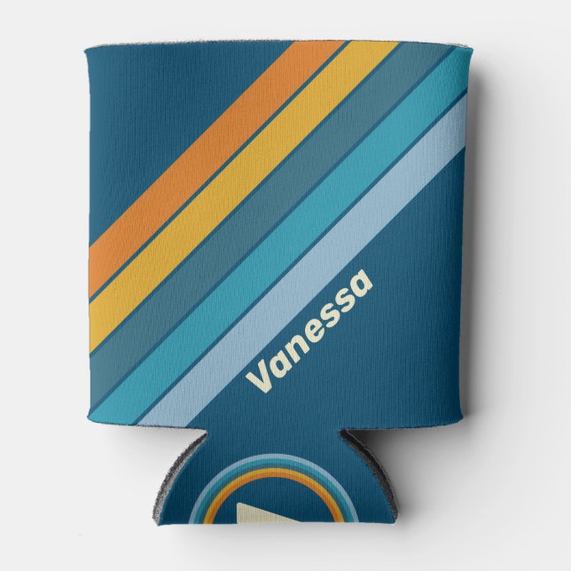 Blue Sun Stripes with Name Can Cooler (Front)