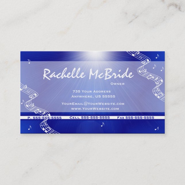 Blue Sunburst Music Notes Business Cards (Front)