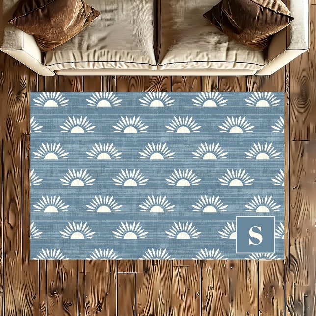 Blue Sunburst Pattern Boho Monogram Rug (Creator Uploaded)