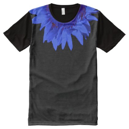 Blue Sunflower Accent Collar on Black All-Over-Print Shirt