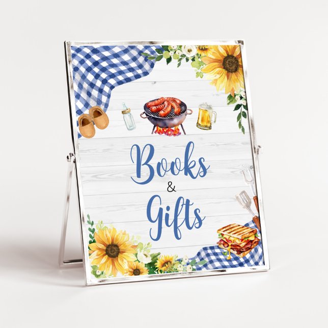 Blue Sunflower BBQ Baby Shower Books and Gifts Poster (Boy Picnic Backyard Baby Shower Books and Gifts Sign)