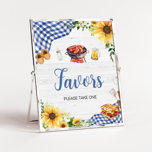 Blue Sunflower BBQ Baby Shower Favors Poster (Boy Picnic Backyard Baby Shower Favors Sign)