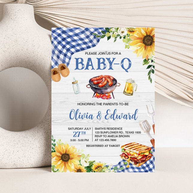 Blue Sunflower BBQ Baby Shower  Invitation (Boy Picnic Backyard Baby Shower Invitation)