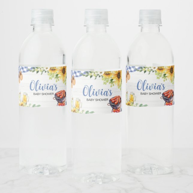 Blue Sunflower BBQ Baby Shower  Water Bottle Label (Bottles)