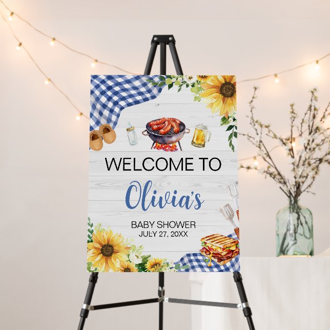Blue Sunflower BBQ Baby Shower Welcome Sign (In Situ (Stand))