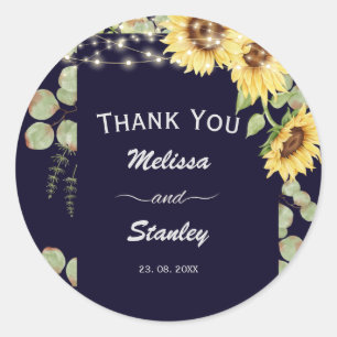 Blue Sunflower Eucalyptus String Lights Wedding Classic Round Sticker