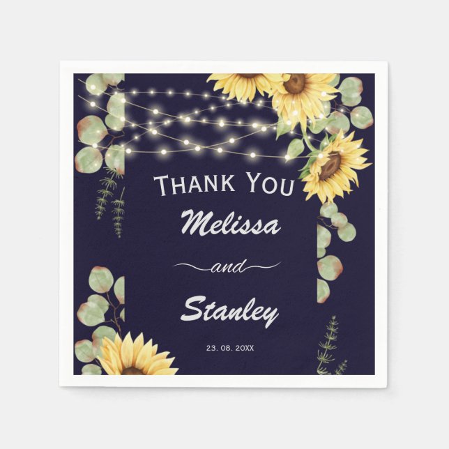 Blue Sunflower Eucalyptus String Lights Wedding Napkins (Front)