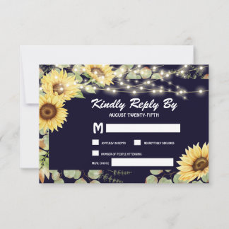 Blue Sunflower Eucalyptus String Lights Wedding RSVP Card