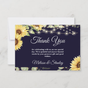 Blue Sunflower Eucalyptus String Lights Wedding Thank You Card