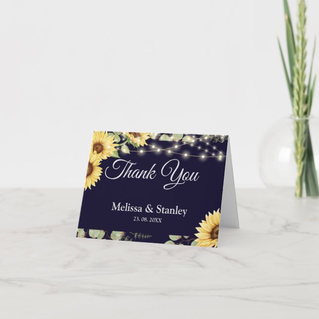 Blue Sunflower Eucalyptus String Lights Wedding Thank You Card (Front)