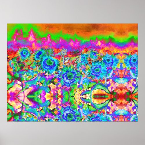 Blue sunflower fields forever abstract flowers poster