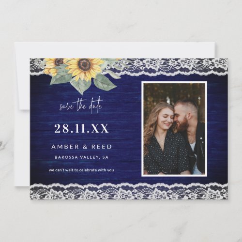 Blue Sunflower  Lace Rustic Wooden Photo Save The Date