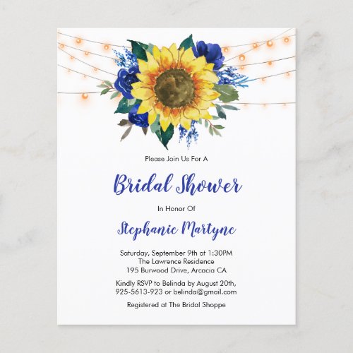 Blue Sunflower Lights Budget Bridal Shower Invite