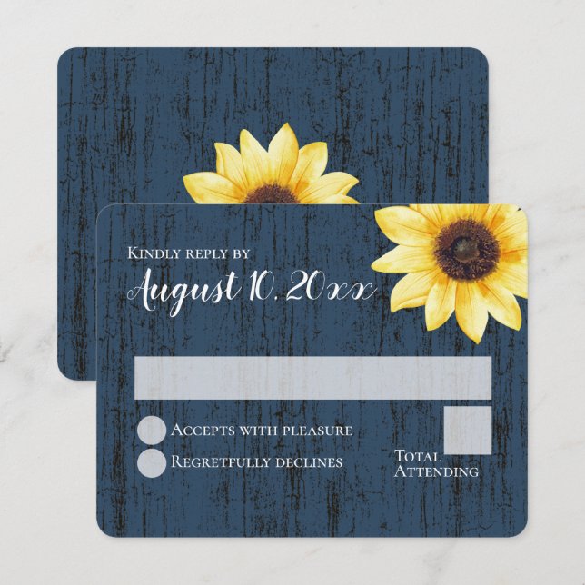 Blue Sunflower Rustic Barn Wood Wedding Response Invitation (Front/Back)