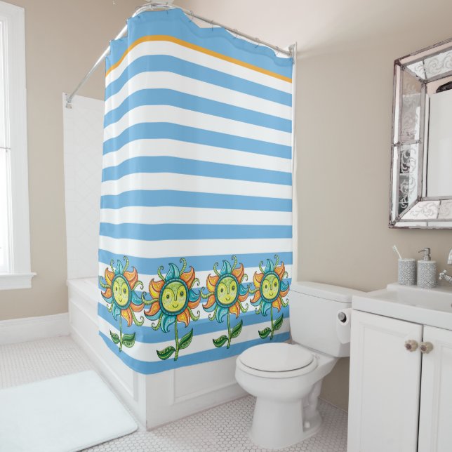 Blue Sunflower Shower Curtain (In Situ)