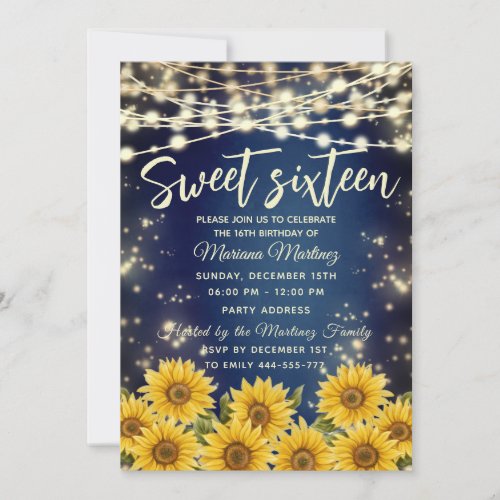 Blue Sunflower  String lights gold sparkle  Invitation