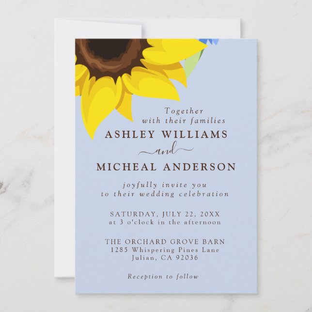 Blue  Sunflower Wedding Invitation With Photo (Front)