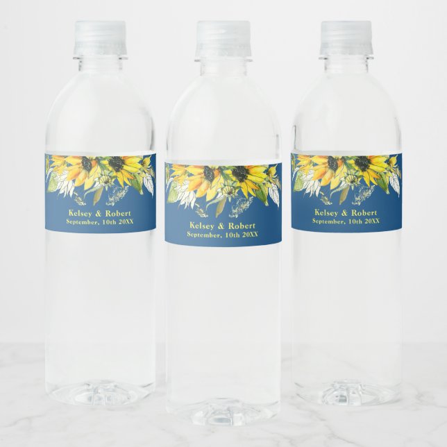 Blue Sunflower Wedding Water Bottle Label (Bottles)