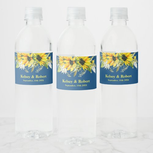 Blue Sunflower Wedding  Water Bottle Label