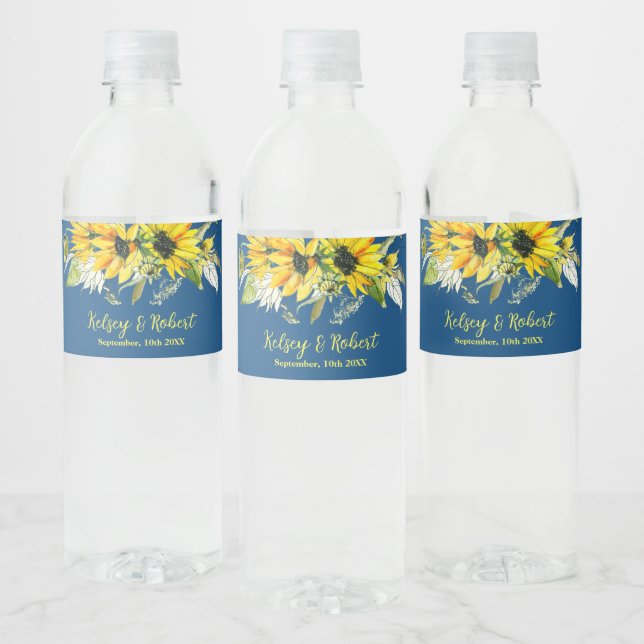 Blue Sunflower Wedding  Water Bottle Label (Bottles)