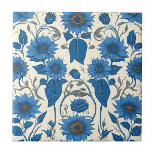 Blue sunflowers and leaves ceramic tile