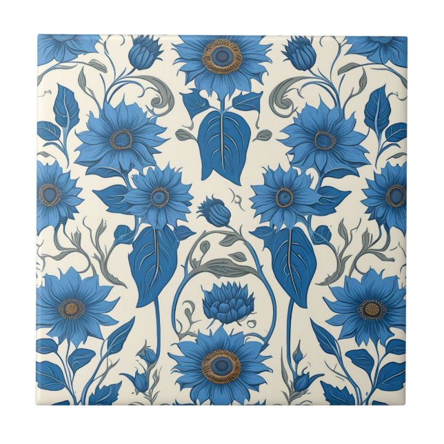 Blue sunflowers and leaves ceramic tile (Front)